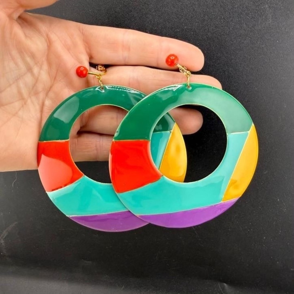 Vintage Clip On Earrings HUGE 80s Statement Round Enamel Bright Summer Party